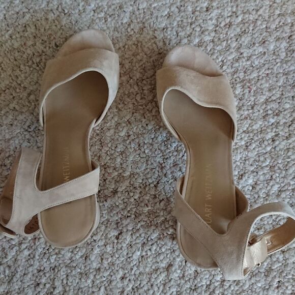 Stuart Weitzman Open Scalloped Taupe Sued Platform Sandal size 8.5M - Picture 3 of 12